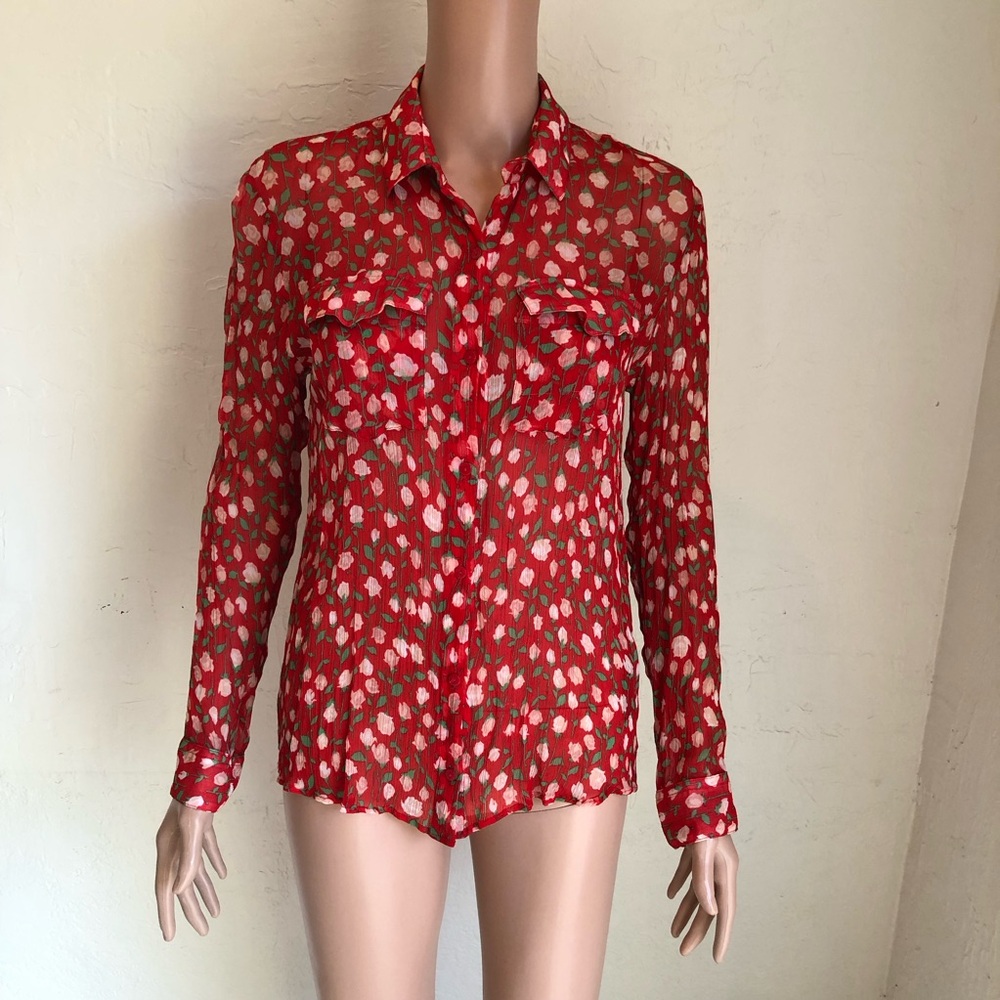 The Kooples Sheer Crêpe Red/Pink Floral Button-Up Long Sleeve Blouse Women’s S